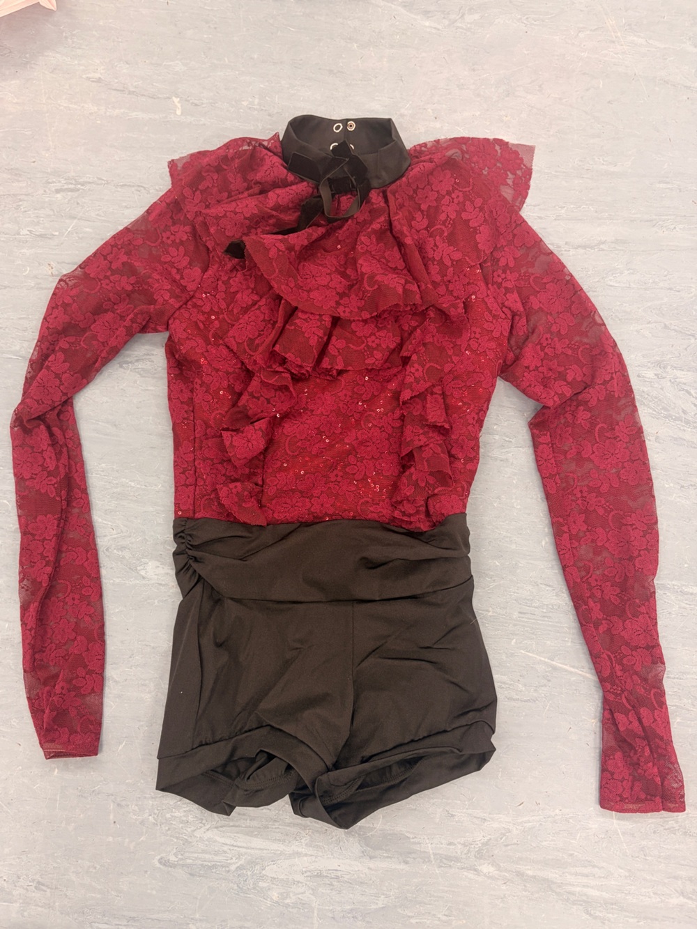 Women's Red Lace Ruffle Long-Sleeve Top/Romper with Black Collar Detail